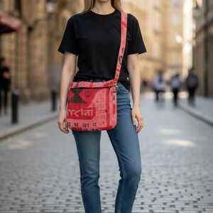 Handmade Red Burlap Crossbody Bag 11x11 Two Pockets‎ Flat Boho Sling Tote Hippie